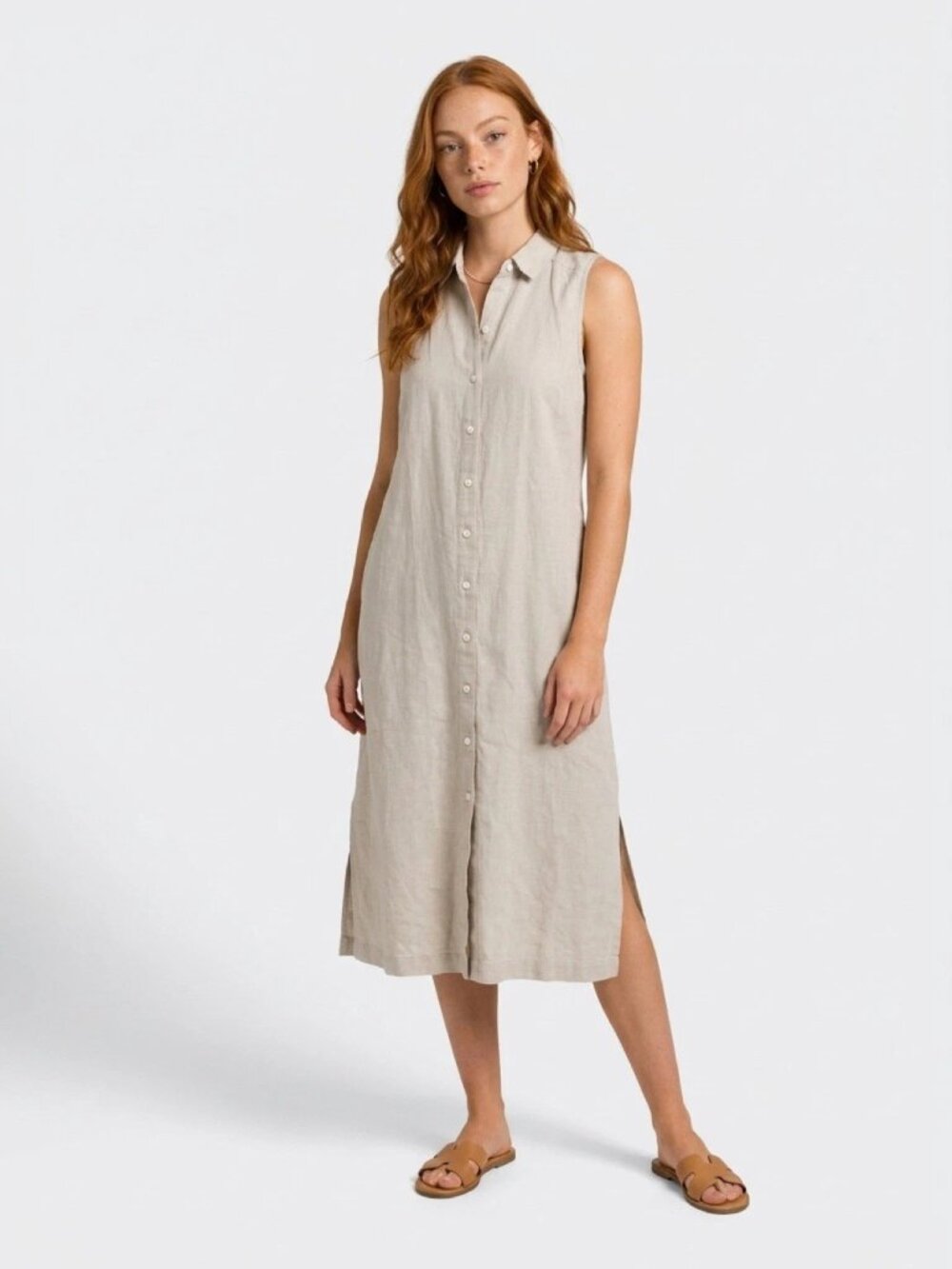TOMMY BAHAMA Beige Linen Sleeveless Midi Shirt Dress Sz XS